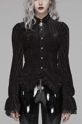 Blouse gothique pour femme avec boutons rétro en métal velours rayé, poignets en dentelle, dos à lacets